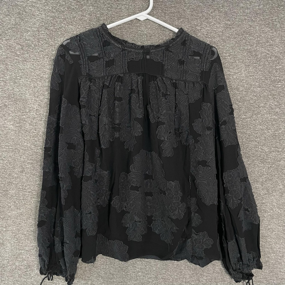 Wilfred Blouse Womens Large Black Sheer Embroidered Floral Long Sleeve Boho Top